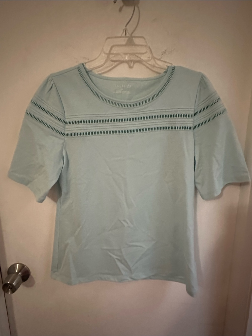 Talbots Women’s Medium Light Blue 100% Cotton Top Ladder Trim Short Sleeve